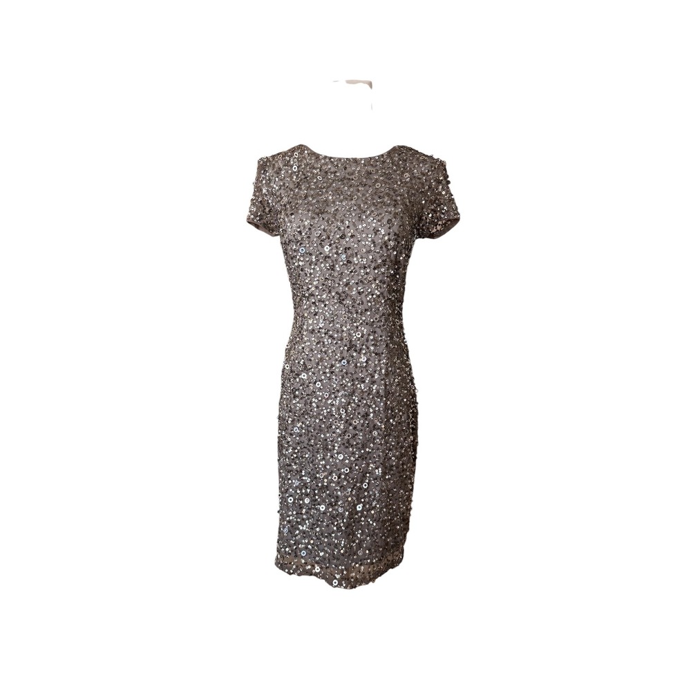 Adrianna Papell Sequin Mesh Sheath Dress Taupe Grey Short Sleeve Size 4